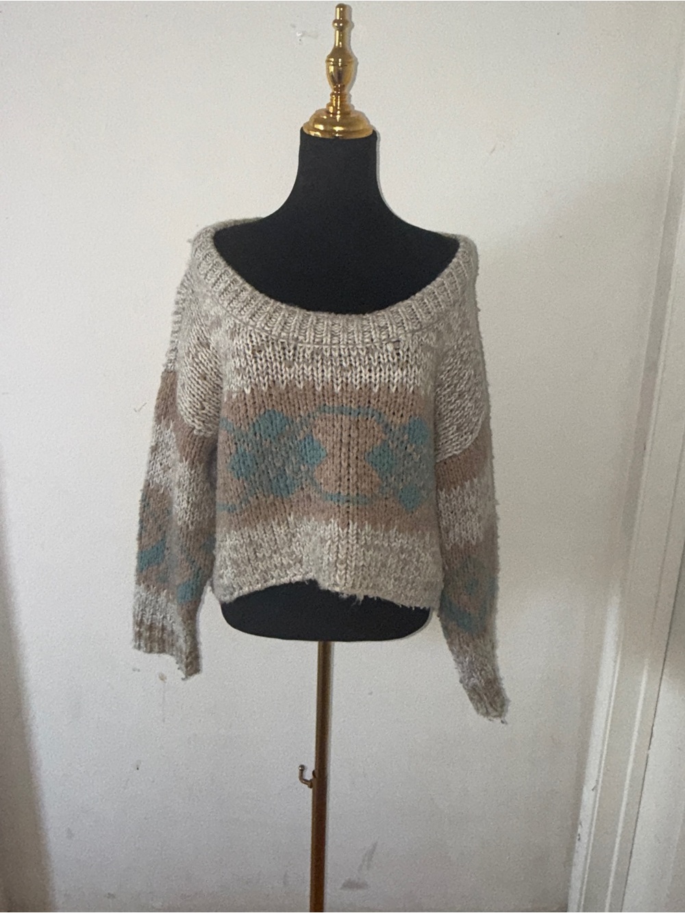 Free People Off-the-Shoulder Cropped Knit Sweater in Beige and Blue